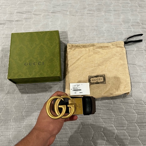 Gucci Double G Brass Buckle Reversible Leather Belt - Picture 1 of 9